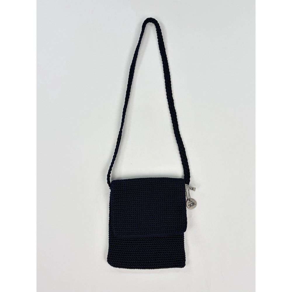 The Sak Vintage Navy Blue Crochet Knit Crossbody Flap Purse Bag with Charm
